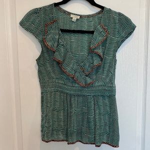 Anthropologie Odille Womens Size 4 Silk Top Blouse Green Ruffle V-Neck Peplum.
